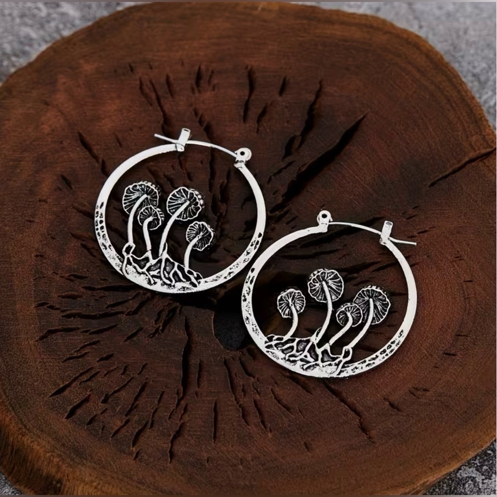 Mushroom Bohemian Gothic Hoop Earrings Silver Tone New NWT